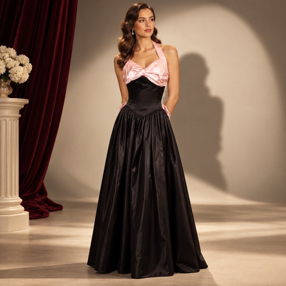 Jessica McClintock Gown Women M Black Pink 80s Vintage Bow Halter Dress Formal